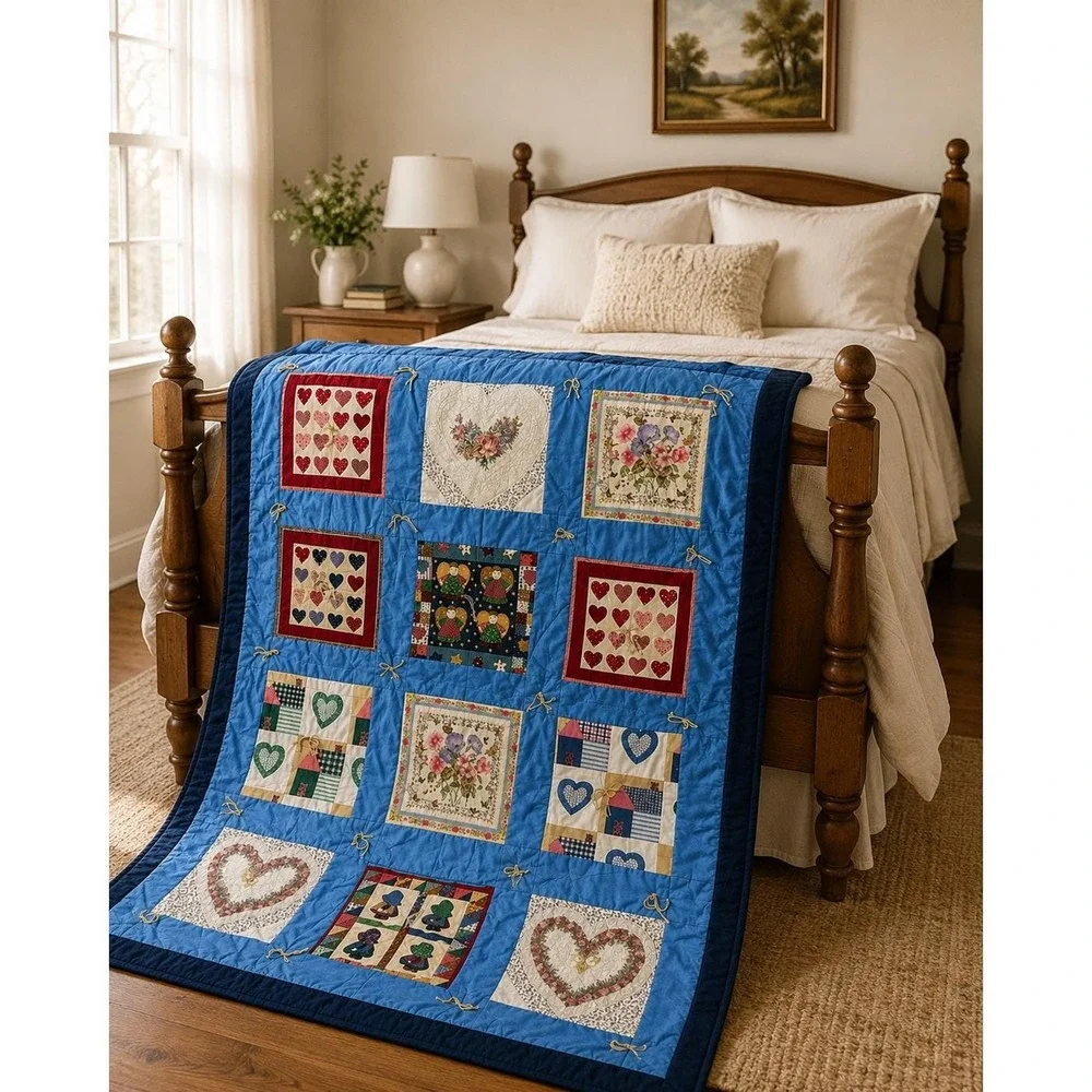 Vintage Patchwork Quilt Twin Blue‎ Hearts Floral Cottage Handmade 62x88